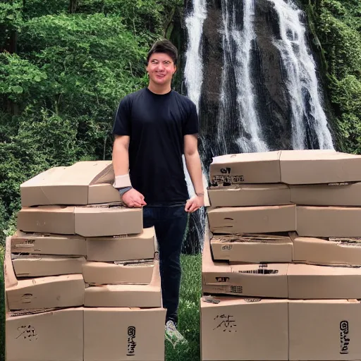 Prompt: mrbeast with everythingapplepro standing near a waterfall with two piles of boxes of iphones near them