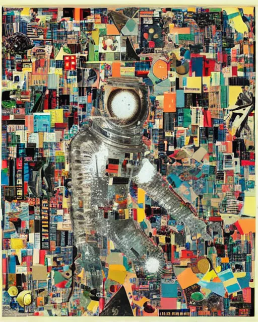 Image similar to A mid-century modern collage, made of random shapes cut from fashion and science magazines and text books, of 2001: A Space Odyssey.