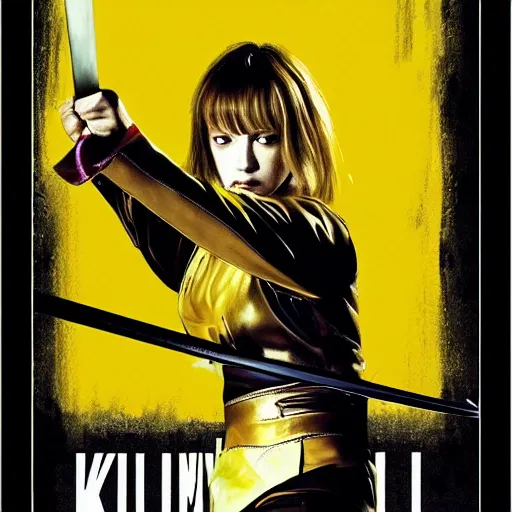 Prompt: kill bill movie poster with uma thurman swinging katana by tarantino, wlop and artgem, beautiful portrait, enhanced eye detail, exquisite hair and body