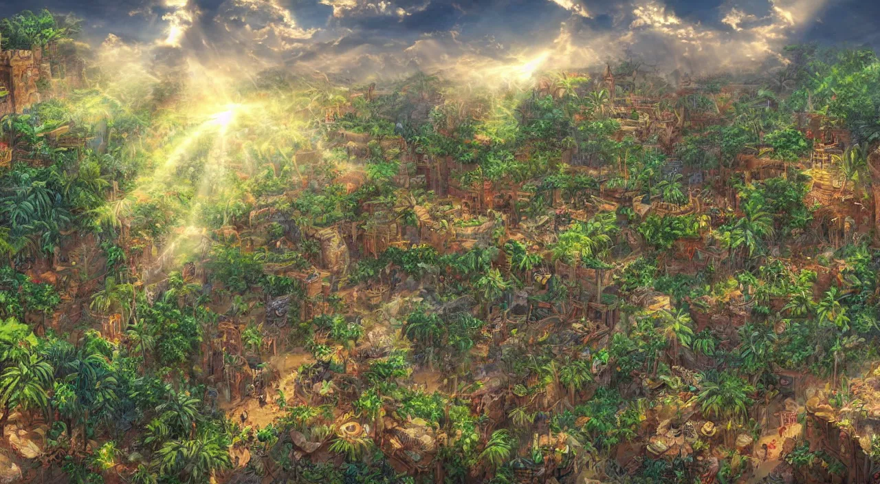 Prompt: marketplace fabric jungle dirt wall fortress a spectacular view cinematic rays of sunlight comic book illustration, by john kirby