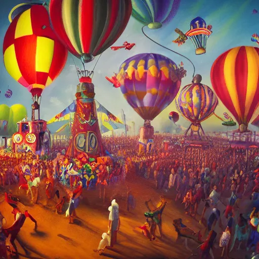 Prompt: detailed oil painting of a carnival with skinny clowns, crazy rides, and hot air balloons, trending on artstation, deep colors, hard light, octane rendered, masterpiece