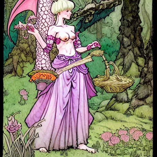 Image similar to A cute pink-scaled dragon-girl Herbalist collecting flowers in the forest. Absurdly-detailed fantasy character illustration by Rebecca Guay and Wayne Reynolds