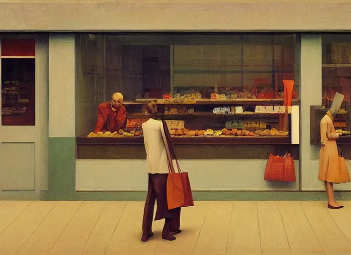 Image similar to people wearing paper bags inside paper bags at store display Edward Hopper and James Gilleard, Zdzislaw Beksinski, highly detailed