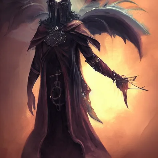 Prompt: magic the gathering character art by bastien lecouffe deharme of a eldritch warrior with a venice mask and a cloak made out of shadows and black feathers