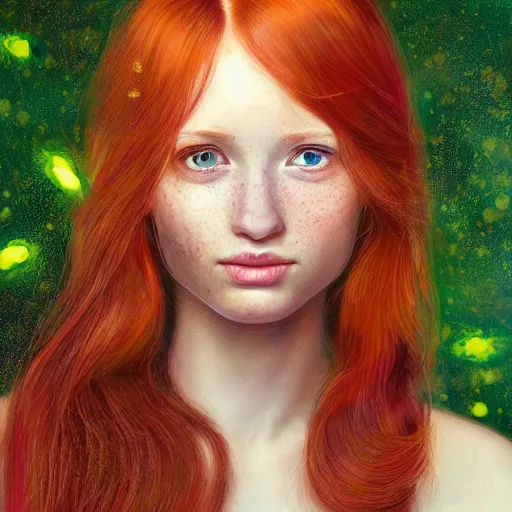 Image similar to a highly detailed, hyper realistic, red haired young woman, among golden fireflies, with long hair, green eyes, hint of freckles, gentle face, tilted head, cheeky smile, deep focus, elegant, digital painting, smooth, sharp focus, golden ratio, illustration, ultra realistic, 8 k, art by artgerm and caravaggio
