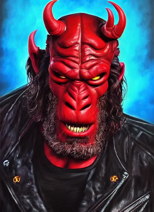 Prompt: ron pearlman's hellboy as an apocalyptic scifi orcish biker character, psychedelic vibrant colors, futuristic punk rock fashion, oil painting by michael whelan art, perfect face, sharp focus, detailed eyes, realistic, 8 k