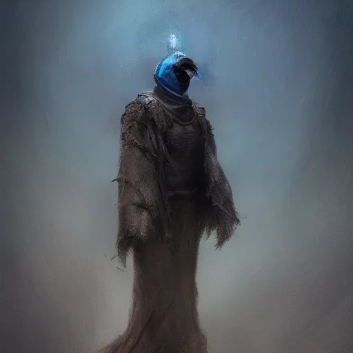 Image similar to self portrait of a raven NPC quest giver. Full body with cloak and body armor, digital art, realistic, ultradetailed, concept art in the style of r/retrofuturism, art by Beksinski and Dariusz Zawadski, trending on artstation, devianart, cgsociety