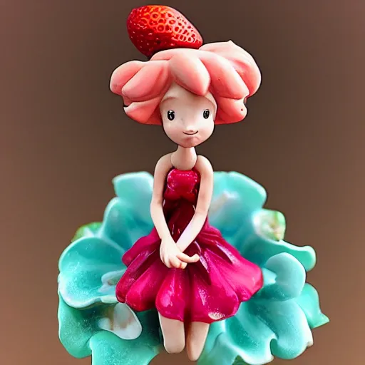 Prompt: a femo figurine of a cute funny strawberry fairy with a frilly floral dress featured on steven universe, by lois van baarle, pastels, wide angle, 🎀 🍓 🧚♀