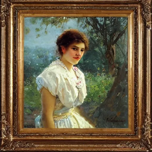 Image similar to a portrait of a young woman in a scenic environment by nikolay makovsky