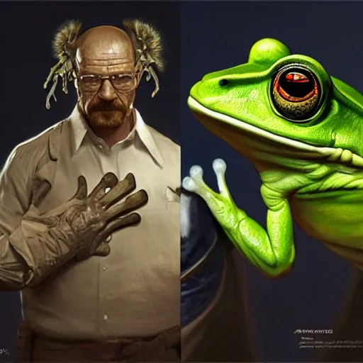 Image similar to a frog and walter white, intricate, highly detailed, digital painting, artstation, concept art, smooth, sharp focus, illustration, unreal engine 5, 8 k, art by artgerm and greg rutkowski and alphonse mucha