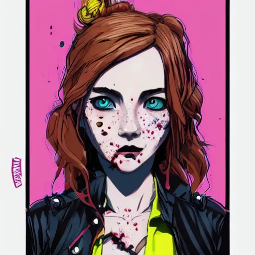 Image similar to Highly detailed portrait of a punk zombie young lady with freckles and blonde wavy hair by Atey Ghailan, by Loish, by Bryan Lee O'Malley, by Cliff Chiang, was inspired by image comics, inspired by scott pilgrim, inspired by graphic novel cover art !!!electric pink, brown, black, yellow and white color scheme ((grafitti tag brick wall background))