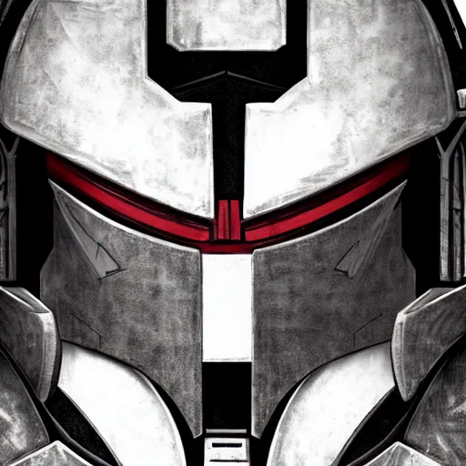 Image similar to a mix between predator and a mandalorian, symmetrical concept art close up