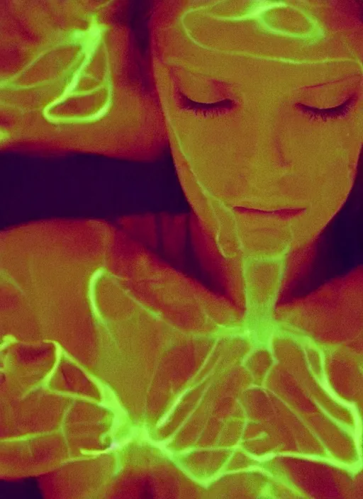 Image similar to a symmetrical female astral projection, liquid glowing aura, out of body experience, film grain, cinematic lighting, experimental film