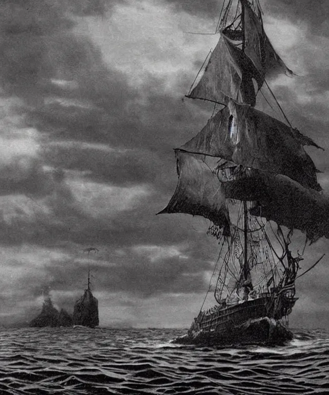 Image similar to realistic photo of a 1 9 2 5 seiner sailing near a small tropical skull shaped island, dark, brooding, atmospheric, lovecraft, horror, smooth, epic, highly detailed, cinematic, by clyde caldwell