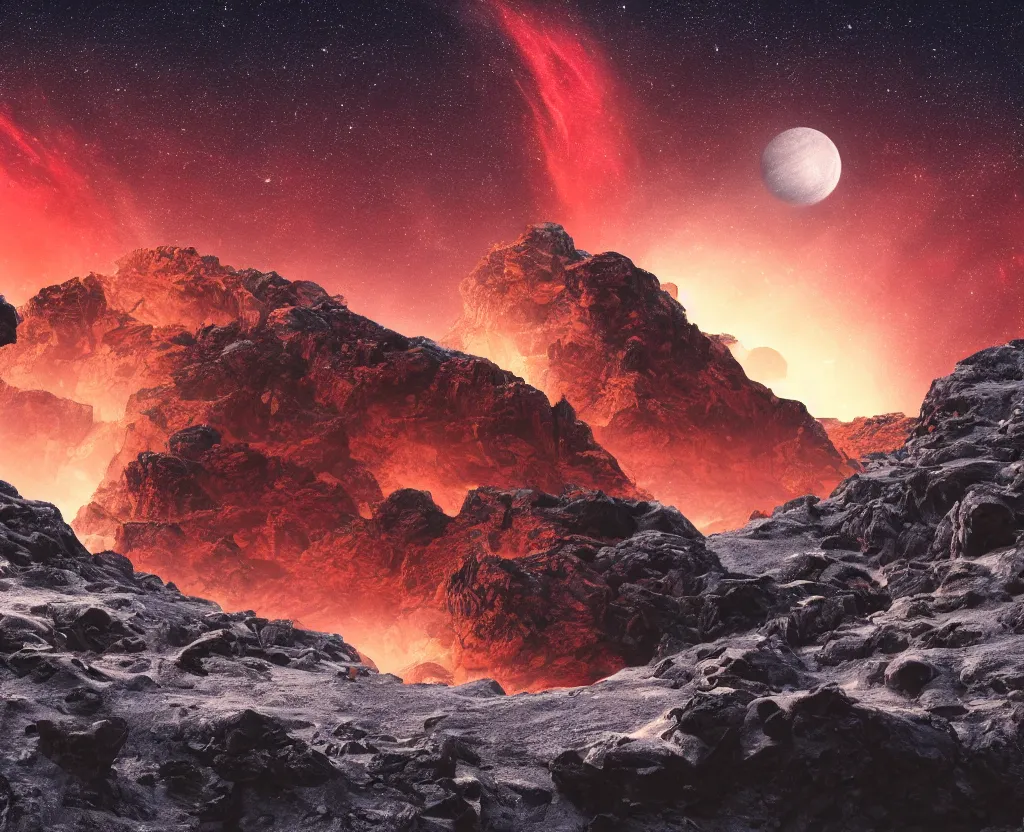 Prompt: A rocky valley surrounded by snow-capped mountains, nighttime, orange gas giant, red nebula, no clouds, sci-fi, photorealistic, landscape