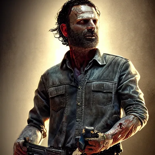 Image similar to rick grimes, the walking dead, zombie, cinematography, fantasy, medieval, vivid colors, elegant, concept art, sharp focus, digital art, Hyper-realistic, 4K, Unreal Engine, Highly Detailed, HD, Dramatic Lighting by Brom