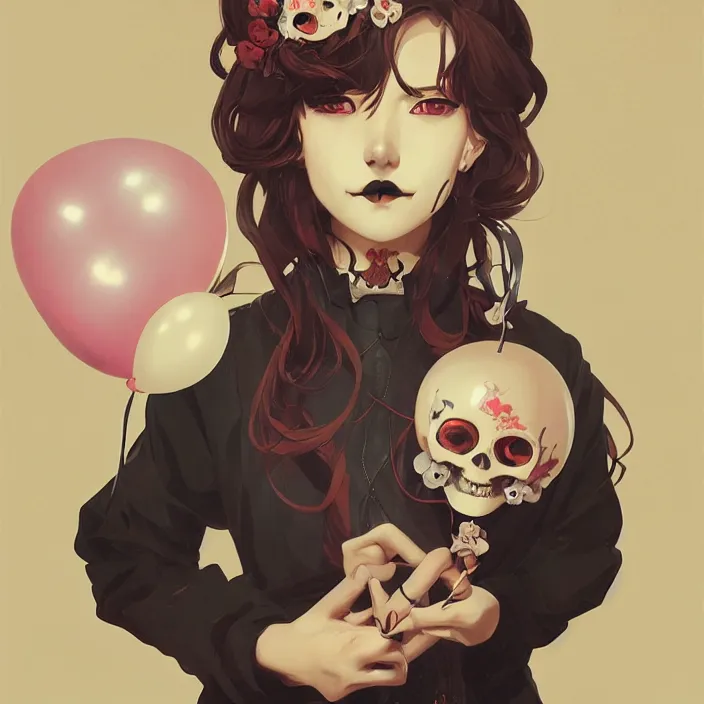 Prompt: anime skull portrait woman, balloons, mucha, hard shadows and strong rim light, art by jc leyendecker and atey ghailan and sachin teng