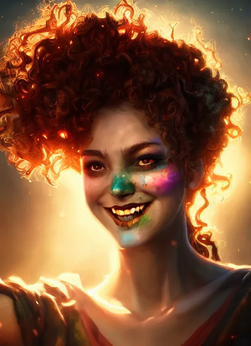 Image similar to an epic fantasy comic book style portrait painting of a girl wearing colorful makeup with a mischievous smile and curly brown hair stepping out of a doorway with light shining behind her, unreal 5, daz, hyperrealistic, octane render, cosplay, rpg portrait, dynamic lighting