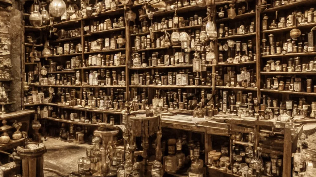 Prompt: 12th century apothecary shop, film still from the game skyrim, wide lens