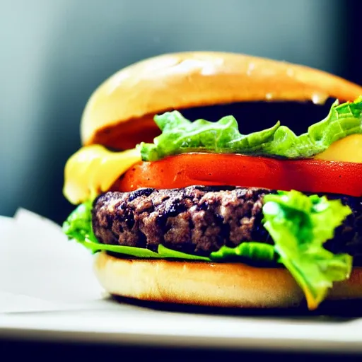 Image similar to close ups photo of a delicious cheeseburger with lots of toppings, film photograph