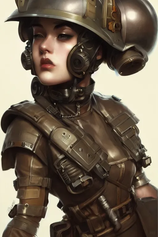 Image similar to dieselpunk soldier girl, helmet, shoulders, chest, portrait, armored, highly detailed, sharp focus, art, illustrations by wlop and ayanamikodon and irakli nadar and loish and rossdraws