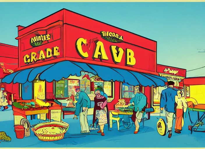 Prompt: a whimsical storybook illustration of crab sellers, 1 9 5 0 s americana tourism, lowbrow pop art style