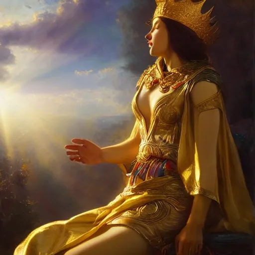 Image similar to a beautiful portrait of a sun goddess with a golden crown, sunlight beams, god rays, volumetric lighting, by daniel gerhartz, detailed, 8 k