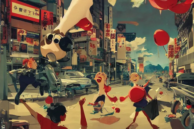 Prompt: incredible screenshot a screaming woman with a shopping trolly, chased by a hoard of japanese mascots, dynamic camera angle, deep 3 point perspective, fish eye, dynamic scene, by phil hale, ashley wood, geoff darrow, james jean, 8k, hd, high resolution print n-4