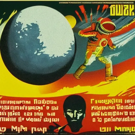 Image similar to Soviet space propaganda poster about planting large marijuana fields on the moon