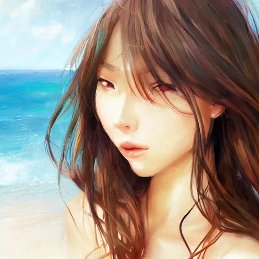 Prompt: portrait of beautiful woman on the beach by wlop, rossdraws, artgerm.