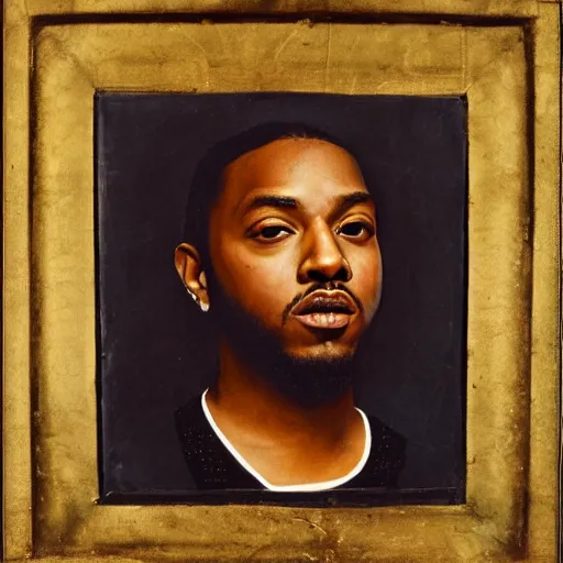 Image similar to a renaissance style portrait painting of kendrick lamar