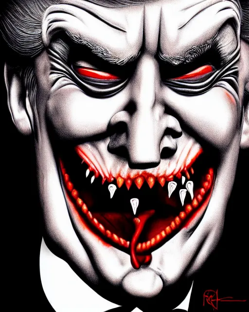 Image similar to donald trump dracula, fangs, character portrait, close up, concept art, intricate details, hyperrealism, in the style of otto dix and h. r giger