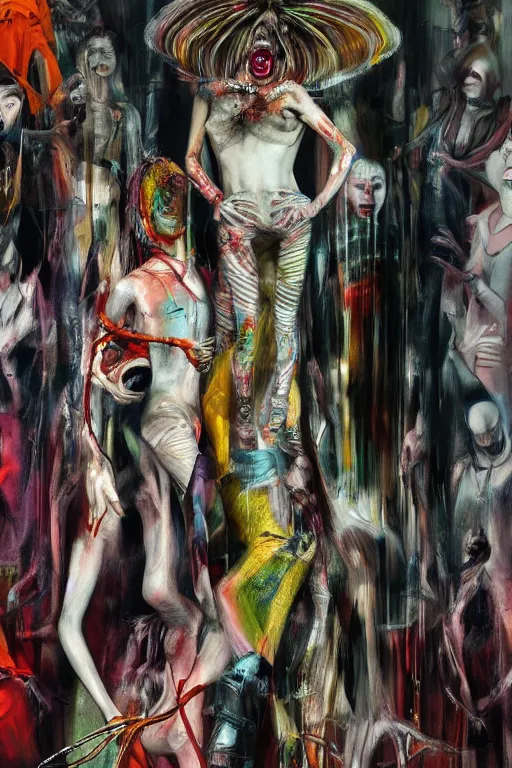 Prompt: crazy fashion catwalk, freak show, crazy clothes, biopunk style, horror, hauntingly surreal, highly detailed painting by francis bacon, edward hopper, adrian ghenie, gerhard richter, and james jean soft light 4 k,