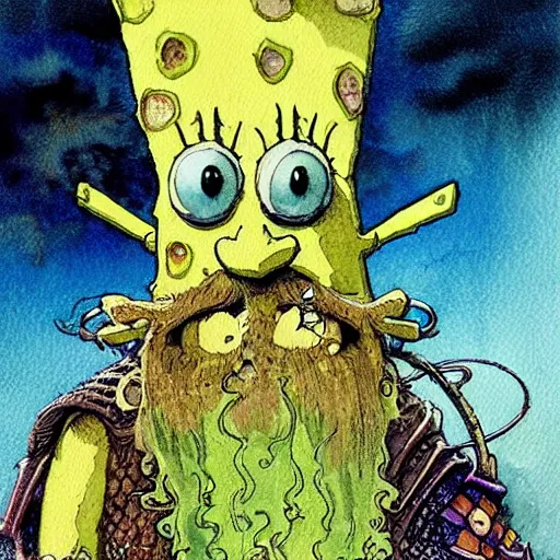 Image similar to a realistic and atmospheric watercolour fantasy character concept art portrait of spongebob as a druidic warrior wizard looking at the camera with an intelligent gaze by rebecca guay, michael kaluta, charles vess and jean moebius giraud