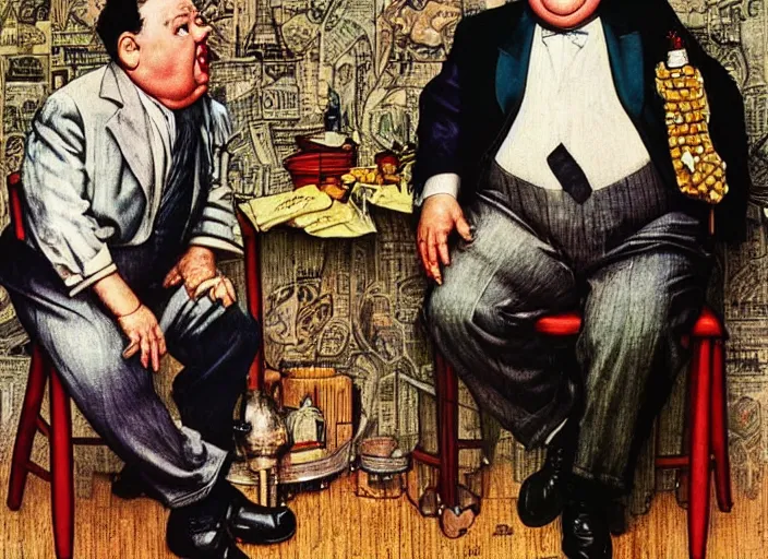 Prompt: “ portrait of laurel and hardy, by norman rockwell and robert crumb, coloured ”