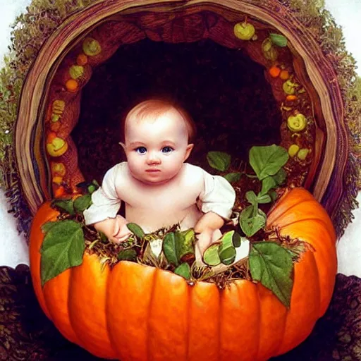 Prompt: a cute nine month old baby sitting inside a pumpkin. beautiful cute highly detailed face. halloween themed painting by artgerm and anne geddes and alphonse mucha.
