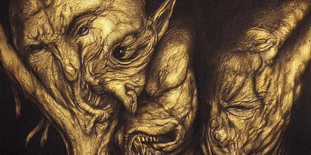 Image similar to realistic portrait of creatures from nightmares, drawn, golden, 1450, ink, ultra realistic, 8k