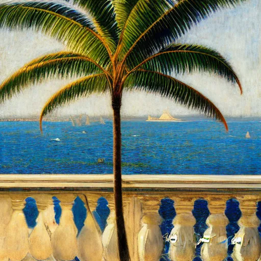 Image similar to a ultradetailed beautiful painting of a old boat in the amazonas palace balustrade designed by jules bastien - lepage, tarsila do amaral, frank weston and gustave baumann, beach, trending on artstation, mediterranean, palm trees, sharp focus, soft light, 8 k 4 k