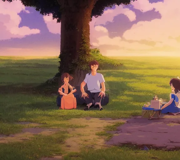 Image similar to a wholesome animation key shot of a boy and a girl sitting together under a tree, having a picnic, boy and girl!!, studio Ghibli, Pixar and Disney animation, sharp, very detailed, high resolution, by Raphael LaCoste and Ruan Jia and Robert McCall, postcyberpunk, geodesic, hyperdetailed, sunrise, wide shot, autochrome, octane render, inspired by Hayao Miyazaki, anime key art by Greg Rutkowski, Bloom, dramatic lighting