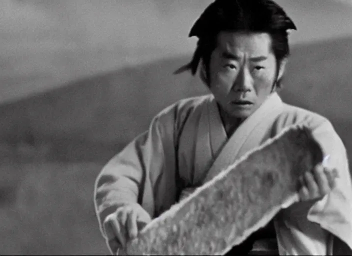 Image similar to a movie still of a samurai slicing through a loaf of bread, a movie by Akira Kurosawa