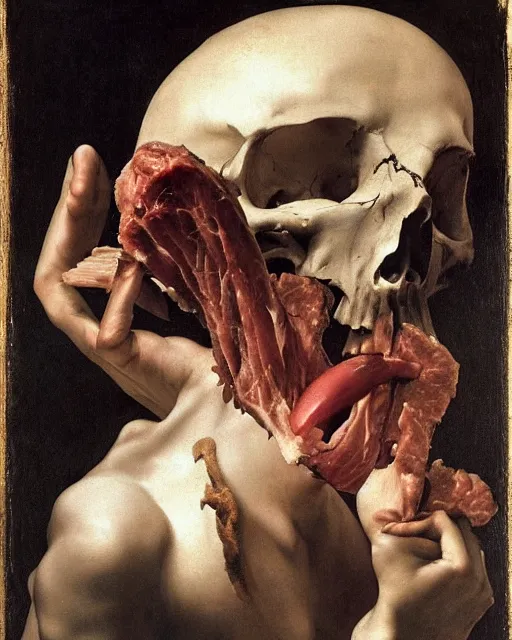 Prompt: an angel with a skull made of meat for the head by caravaggio, dramatic lighting, blood, god rays, angelical