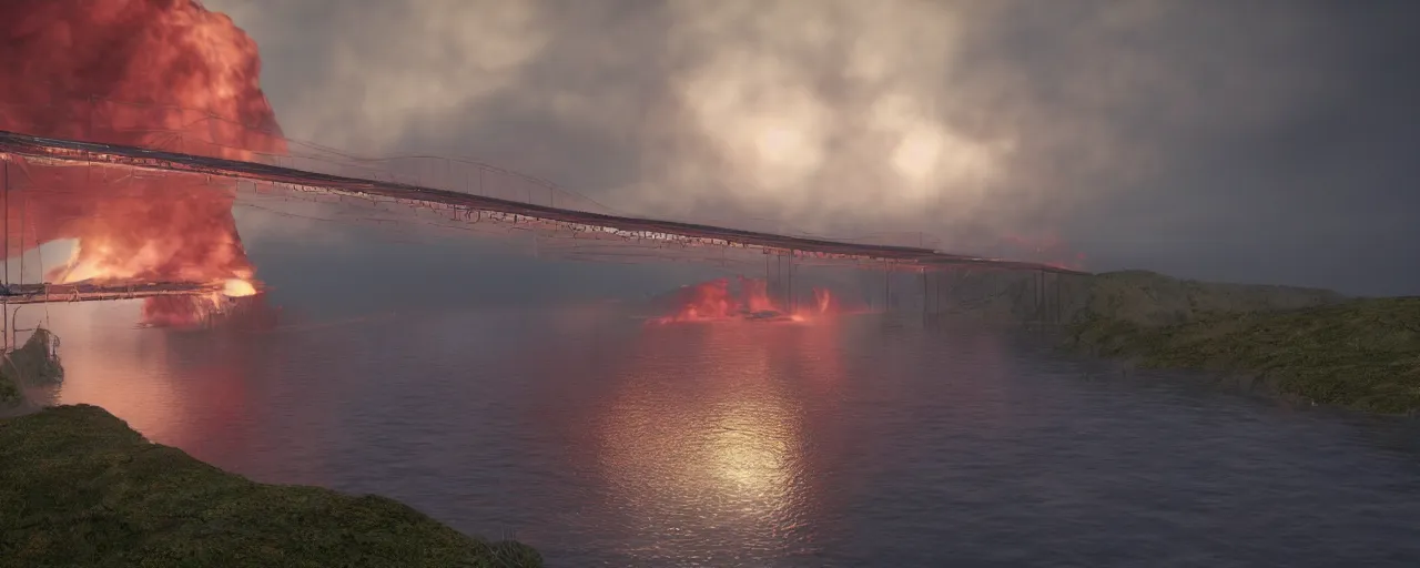 Prompt: the big bridge over the strait is on fire after a disaster, warm tones, super resolution, unreal engine 5, perspective 3 d octane render, 8 k, light rays, lens flare, epic, hyperdetailed