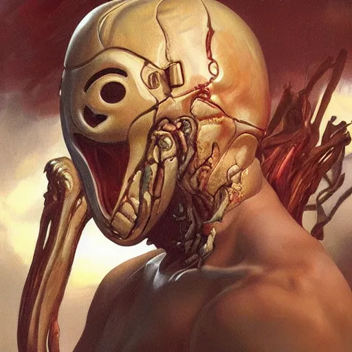 Image similar to a realistic painting by Raffaello Sanzi depicting Jason Voorhees with the head of the symbiotic Xenomorph in the futurism Renaissance era ,smooth,Sharp focus, realism, trending on Artstation,Art by Greg Rutkowski and Alphonse Mucha