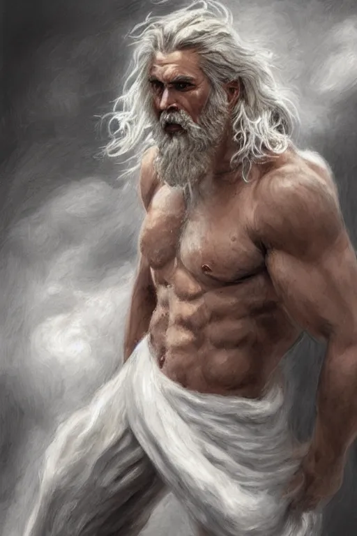 Image similar to painted portrait of rugged zeus, god of thunder, greek god, white hair, masculine, powerful, handsome, luxurious, upper body, white robe, muscular, hairy torso, fantasy, intricate, elegant, highly detailed, digital painting, artstation, concept art, smooth, sharp focus, illustration, art by gaston bussiere and artgerm