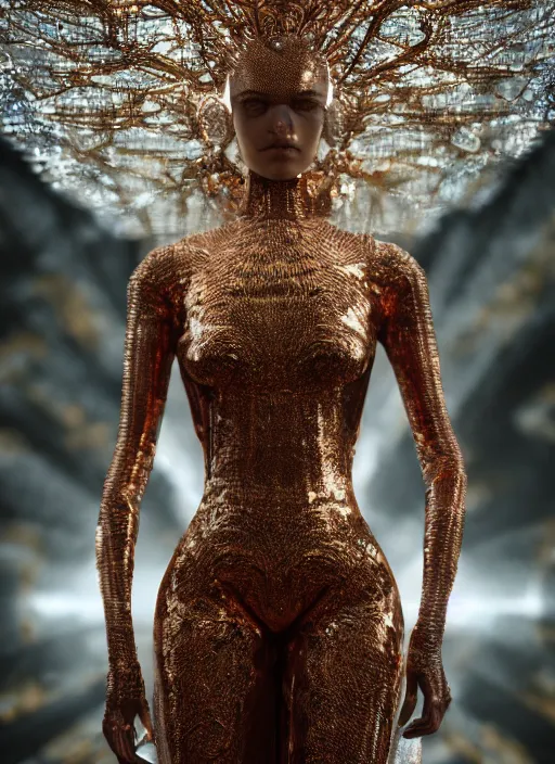 Image similar to beauteous sumptuous, futuristic catwalk fashion show, crystal, gold, copper, bronze, crystalline masterpiece incrustations, by victoria frances, hyperdetailed metalwork, movie still, intricate, octane render, cinematic forest lighting, unreal engine, crepuscular rays, god rays