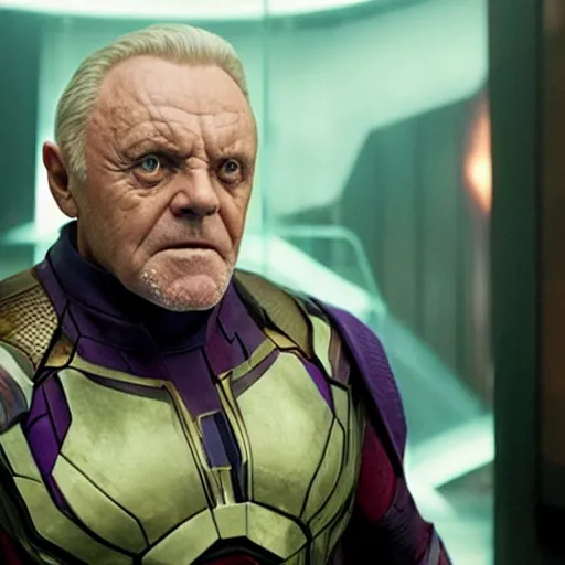 Image similar to Anthony Hopkins playing Thanos in MCU's Endgame, Cinematic, Movie Still