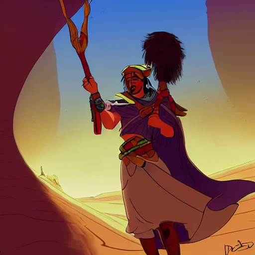 Prompt: bedouin warrior. cursed, wandering the sand dunes in search of oasis. high quality, cartoon, digital painting, by don bluth and ross tran