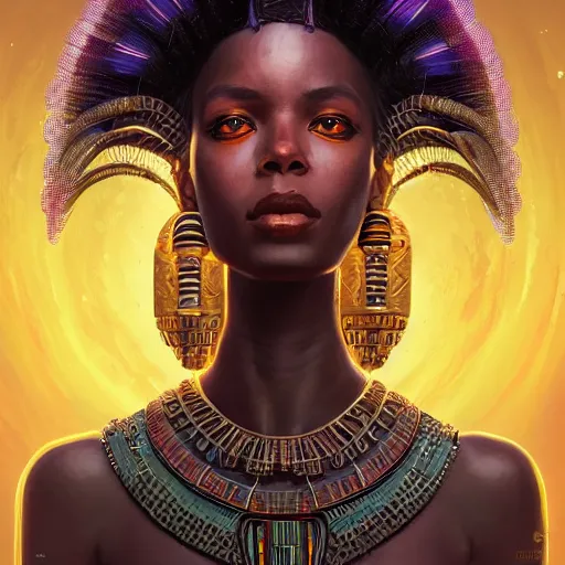 Image similar to highly detailed portrait of an african neon egyptian goddess, intricate alien technology, stephen bliss, unreal engine, fantasy art by greg rutkowski, loish, rhads, ferdinand knab, makoto shinkai and lois van baarle, ilya kuvshinov, rossdraws, tom bagshaw, global illumination, radiant light, detailed and intricate environment