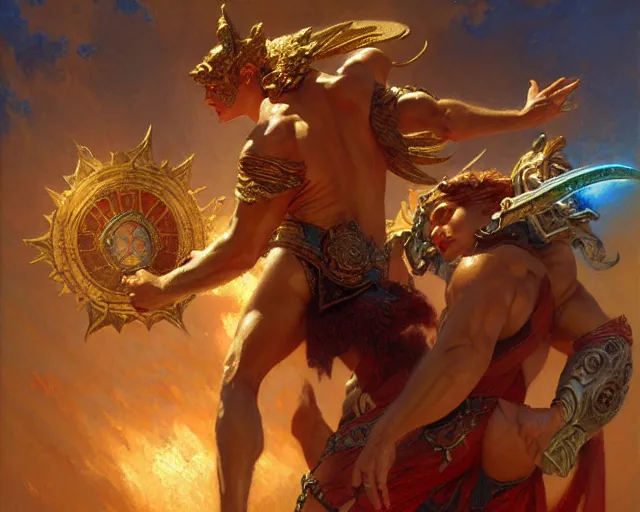 Image similar to attractive heroic male deity, casts magic, summoning handsome heroic lucifer morning star. highly detailed painting by gaston bussiere, craig mullins, j. c. leyendecker 8 k