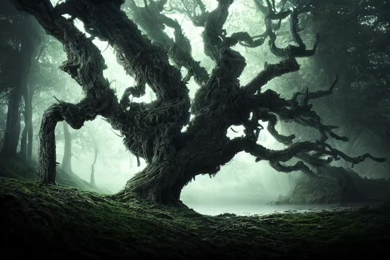 Image similar to an ultra realistic, cinematic headshot portrait, of an evil tree wizard, background of a vast serene landscape, with trees and rivers, detailed, deep focus, movie still, dramatic lighting, ray tracing, by michal karcz and yoshitaka amano